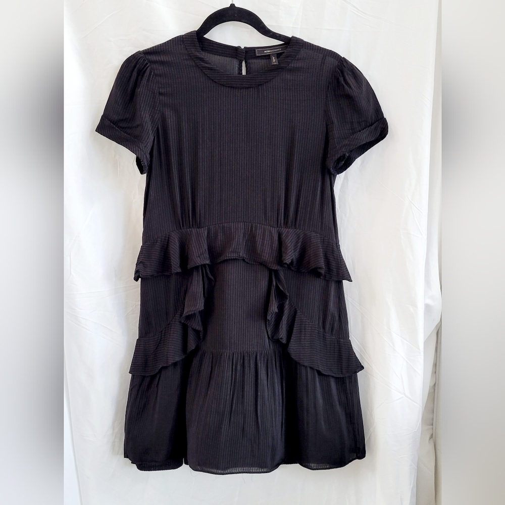 Women's Black Babydoll Dress‎ XS Shadow Striped Midi Slip Lined BCBG Maxazria